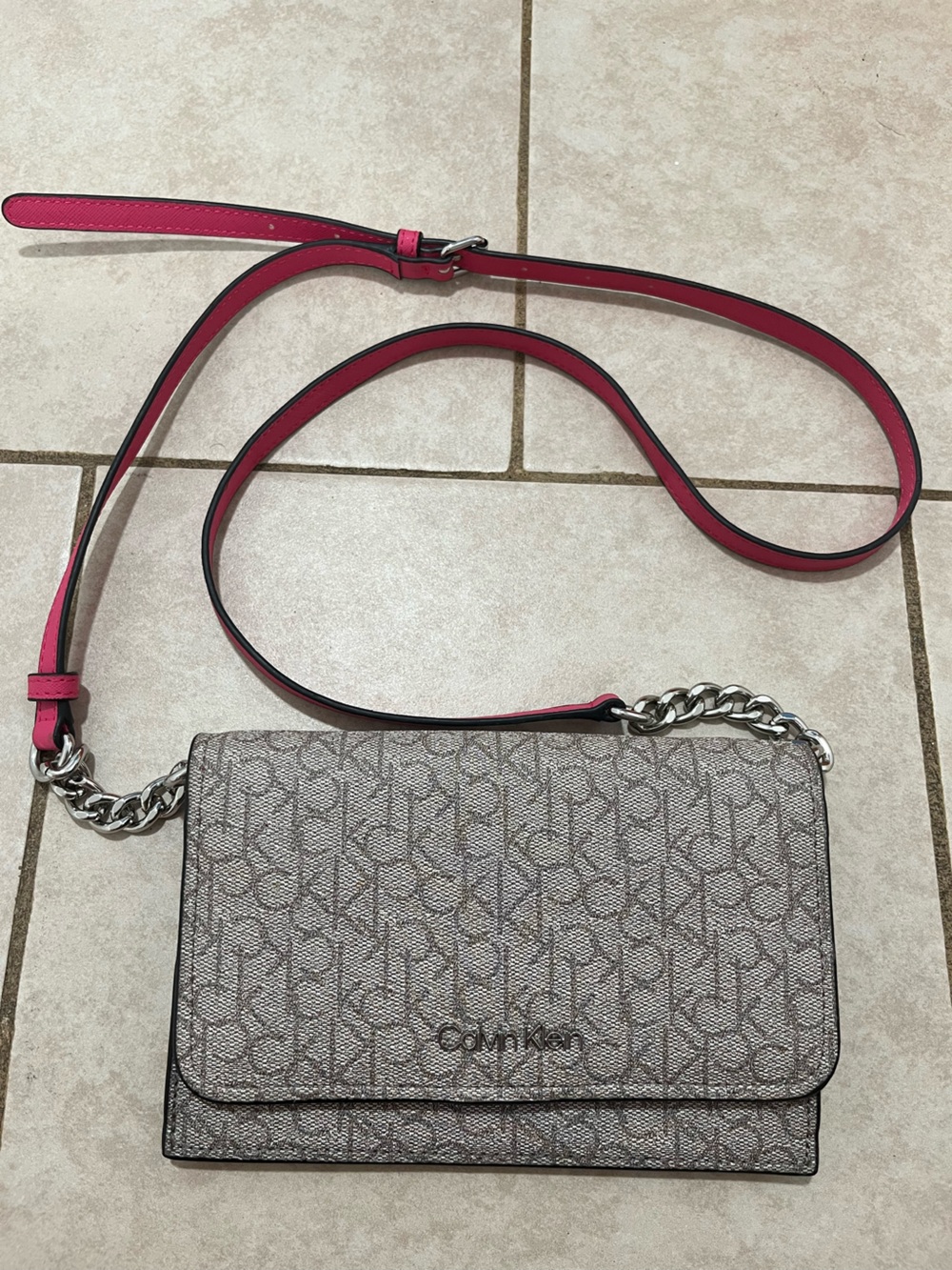 Calvin Klein Monogram Crossbody Wallet with Hot Pink Strap